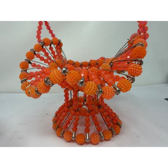 Vintage Handmade 10.5" Safety Pin Beaded Basket In Vibrant Orange & Red Beads - Picture 4 of 6